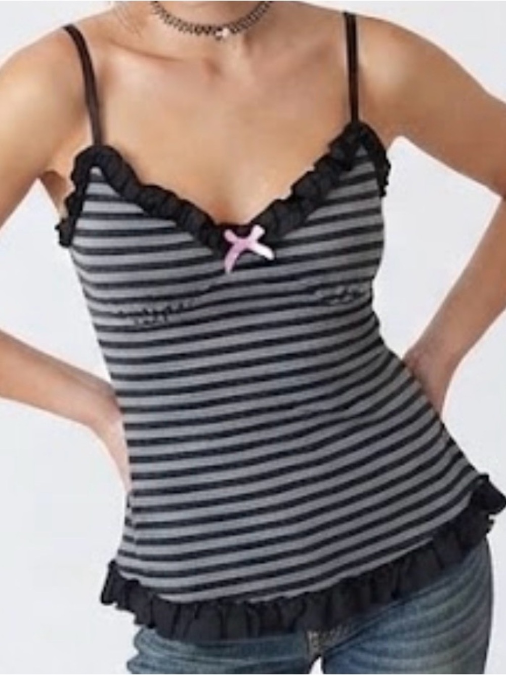 Xhilaration Y2K Babydoll Black & Gray Striped Ruffle Cami with Pink Bow Medium